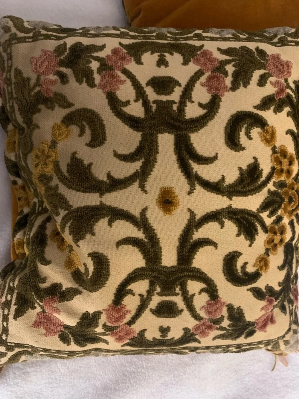 Antique Velvet Damask Floral Throw Pillows with Tassel Trim approx 10 x 10